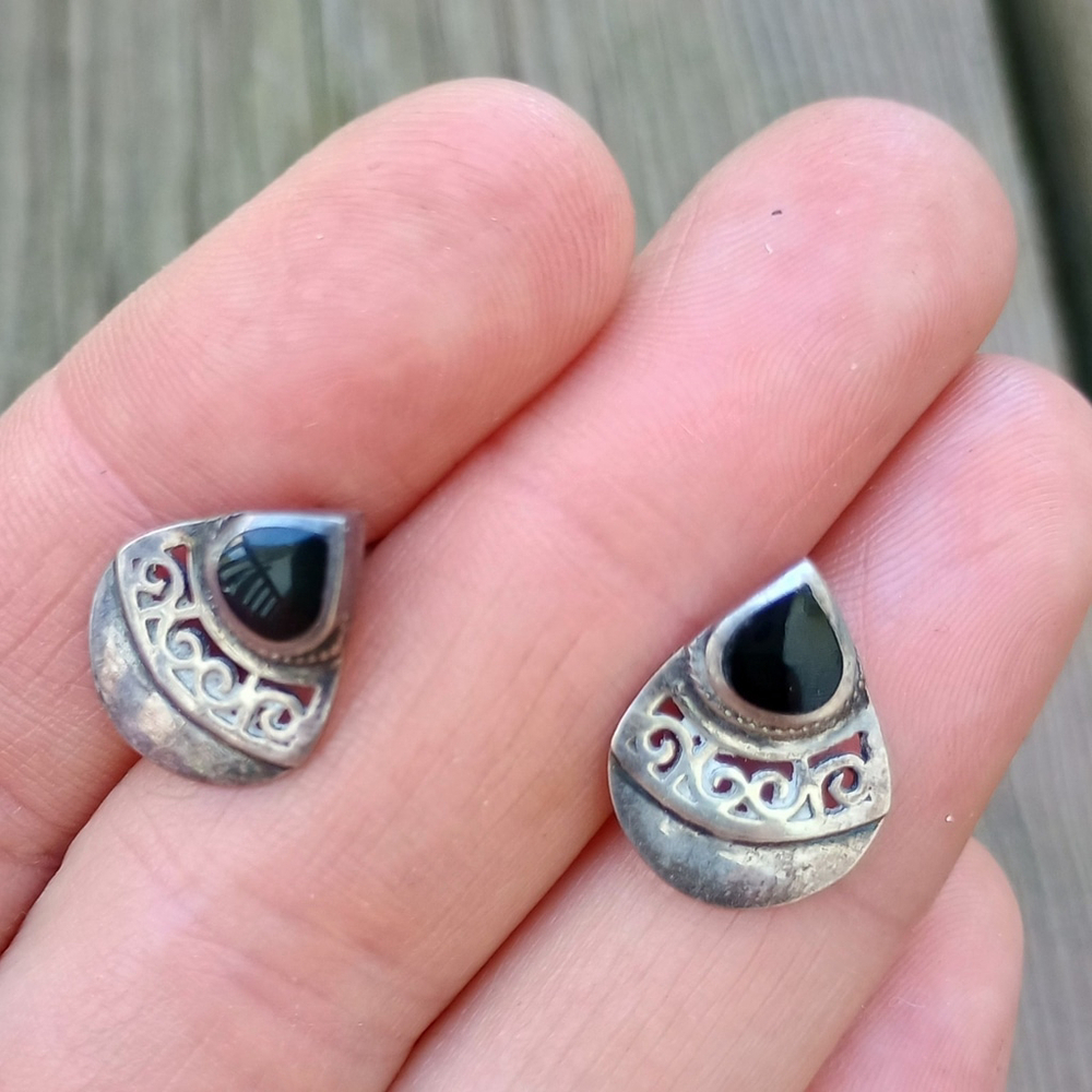 Vintage Signed BCMA Mexico 925 Sterling Silver Black Onyx Earrings